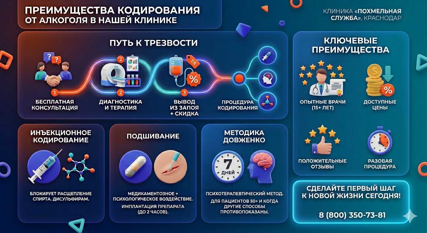Инфографика о методах кодирования от алкоголя в Кезу: инъекции, подшивание, метод Довженко. Преимущества клиники и этапы лечения.